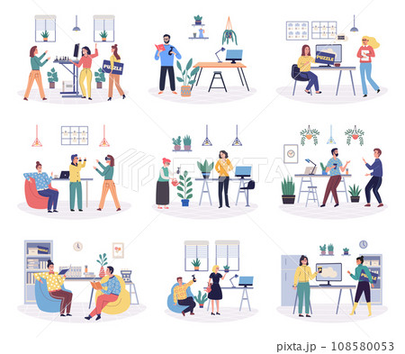 Office playing vector illustration. The workplace is not just about work it c also be platform for fun and enjoyment Playful actions and activities in office c boost creativity and encourage 108580053
