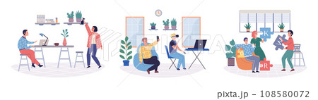 Office playing vector illustration. Employees who engage in recreational activities during breaks often report higher levels satisfaction Taking time for relaxation and leisure activities in office 108580072