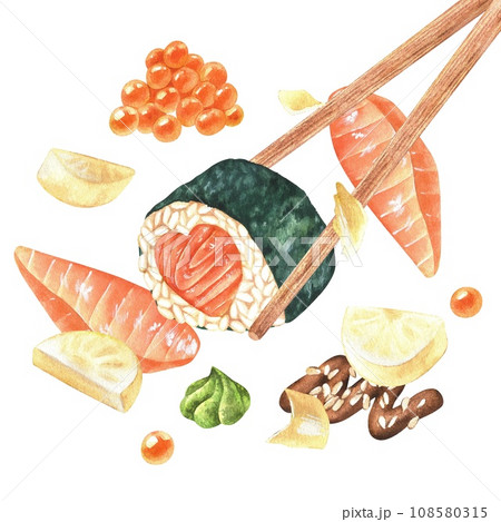 Chopsticks with salmon Sushi roll. Watercolor illustration isolated on a white background. Hand drawn Japanese Food. Drawing of mak 108580315