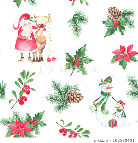 Christmas hand drawn seamless pattern with Santa Claus with and reindeer, cute snowman family and winter plants. Forest pine branches with cone, holly with red berries, poinsettia and cowberry or Christmas hand drawn seamless pattern with Santa Claus with and reindeer, cute snowman family and winter plants. Forest pine branches with cone, holly with red berries, poinsettia and cowberry or 108580401