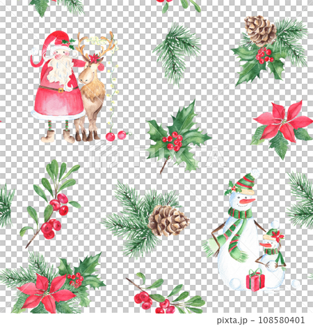 Christmas hand drawn seamless pattern with Santa Claus with and reindeer, cute snowman family and winter plants. Forest pine branches with cone, holly with red berries, poinsettia and cowberry or 108580401