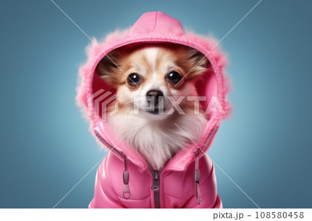 Cute fashionable chihuahua dog dressed in pink jacket with hood close up. Purebred Chihuahua. Stylish pet. Puppy in pink clothes. On soft blue background. Dog clothing store. Poster, banner, placard. Cute fashionable chihuahua dog dressed in pink jacket with hood close up. Purebred Chihuahua. Stylish pet. Puppy in pink clothes. On soft blue background. Dog clothing store. Poster, banner, placard. 108580458