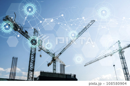 Construction technology banner background. Construction site with cranes, fittings and concrete. Construction technology banner background. Construction site with cranes, fittings and concrete. 108580904