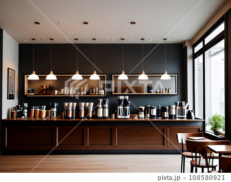 realistic interior design coffee shop shot detail 108580921