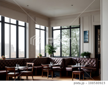 Realistic cafe interior medium shot hyperdetailed. 108580923