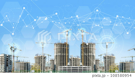 Construction technology banner background. Construction site with cranes, fittings and concrete. Construction technology banner background. Construction site with cranes, fittings and concrete. 108580954