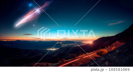 Earth with a comet streaking past, leaving a luminous trail in the night sky. 108581069