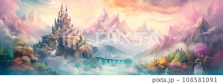 fantasy castle atop a misty mountain, with colorful banners and a sense of enchantment, evoking a fairy tale ambiance. 108581091