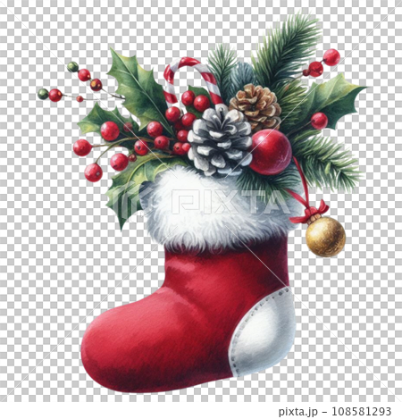 generative ai, Christmas greeting card with a cute teddy bear in a christmas sock. 108581293