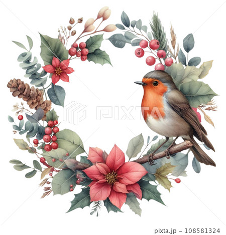 generative ai, Watercolor Christmas wreath with robin bird and floral elements. 108581324
