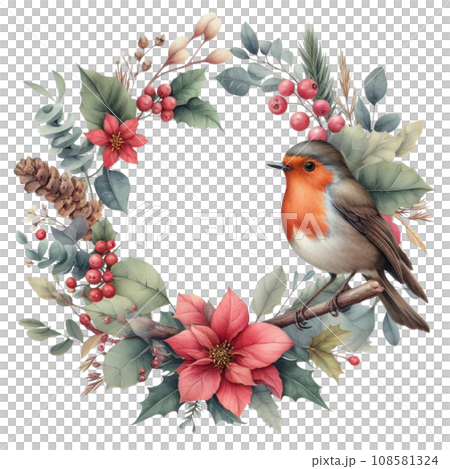 generative ai, Watercolor Christmas wreath with robin bird and floral elements. 108581324