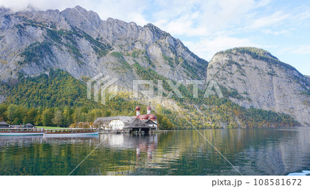 View of St. Bartholoma church in Konigsee National Park in autumn, Germany 108581672