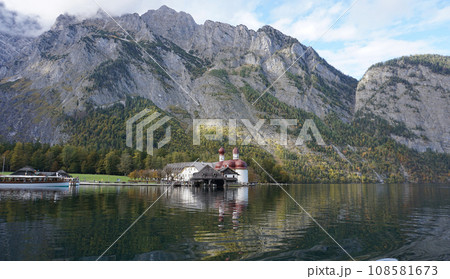 View of St. Bartholoma church in Konigsee National Park in autumn, Germany 108581673