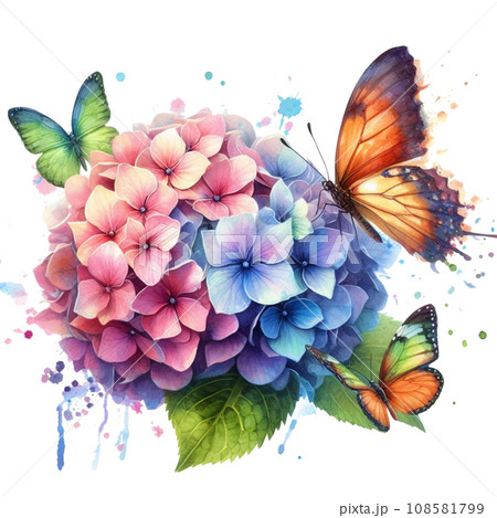 Watercolor hydrangea with butterfly. Floral background. generative ai Watercolor hydrangea with butterfly. Floral background. generative ai 108581799