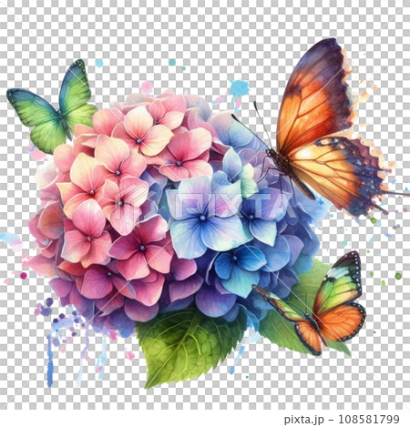 Watercolor hydrangea with butterfly. Floral background. generative ai Watercolor hydrangea with butterfly. Floral background. generative ai 108581799