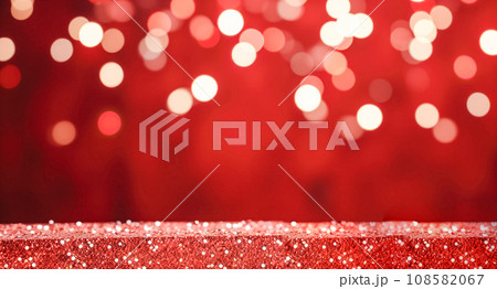 Abstract festive red glitter background with bokeh confetti, golden sparkling sparkles flying in air, out of focus 108582067