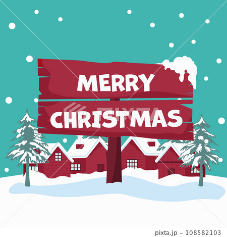 Snow landscape design with houses holding christmas poster 108582103