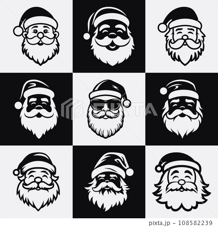 Vector Isolated Santa Claus, Father Christmas, Saint Nicolas Head Face Portrait Stencil. Black and White Flat Illustration, Santa Claus Shape with Outline, Silhouette Vector Isolated Santa Claus, Father Christmas, Saint Nicolas Head Face Portrait Stencil. Black and White Flat Illustration, Santa Claus Shape with Outline, Silhouette 108582239