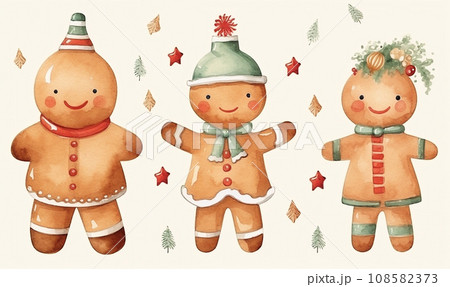 AI-generated content. Set of cartoon aquarel christmas gingerbread man for greeting card or stickers AI-generated content. Set of cartoon aquarel christmas gingerbread man for greeting card or stickers 108582373
