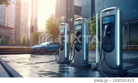 Modern fast electric vehicle car chargers. EV car charging station 108582415