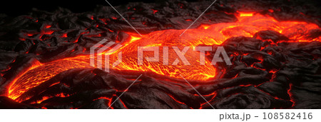 Panoramic image of the current boiling lava after the eruption of the volcano. Molten hot magma. Detailed view of the lava flow coming out of the crack of the earth. 108582416