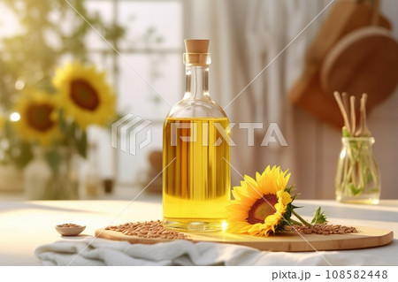 Organic sunflower oil in a small glass jar with sunflower fresh flowers on the table Organic sunflower oil in a small glass jar with sunflower fresh flowers on the table 108582448