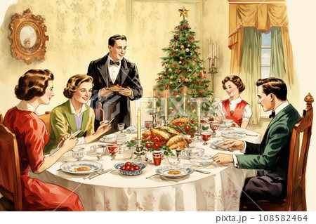 Vintage illustration of a family Christmas dinner 108582464