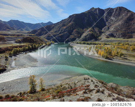 Autumn landscape with drought and turquoise river in the valley. Confluence of two rivers, Katun and Chuya, the famous tourist spot in the Altai mountains, Autumn in Siberia, Russia Autumn landscape with drought and turquoise river in the valley. Confluence of two rivers, Katun and Chuya, the famous tourist spot in the Altai mountains, Autumn in Siberia, Russia 108582676