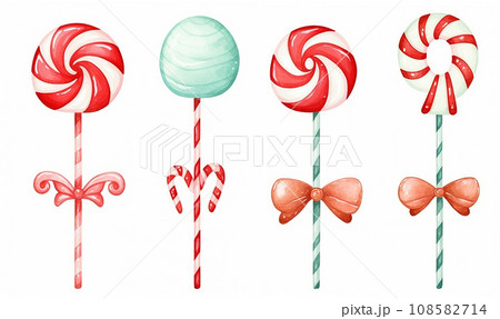 AI-generated content. Set of cartoon aquarel Christmas candy canes for greeting card or stickers 108582714
