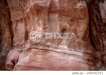 Kayon Sik. Close-up of the intricately shaped canyon walls and winding road. Petra Jordan 108582751