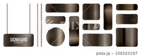 Metal banners hanging on a chain. Realistic shiny steel plate with screws. Polished rusty metal surface. Vector illustration 108583297