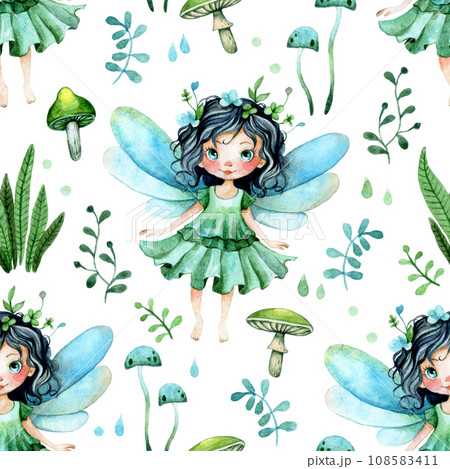 cartoon, cute little forest fairy. seamless pattern, mushrooms and forest herbs. print for children, watercolor drawing 108583411
