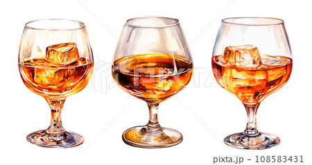 set of glass with whiskey, cognac. vintage watercolor illustration with alcohol 108583431