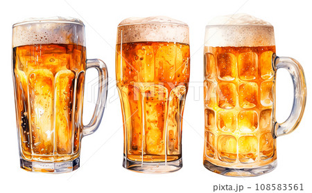 set of glass mugs with beer. vintage watercolor illustration with glasses of beer, bar, oktoberfest set of glass mugs with beer. vintage watercolor illustration with glasses of beer, bar, oktoberfest 108583561