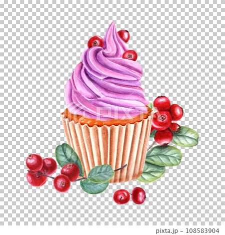 Cupcake in paper wrapper. Muffin decorated with pink cream, red berries. Baked cake, cranberry. Cowberry, lingonberry, Watercolor illustration for package, menu, recipe, label or cookbook 108583904