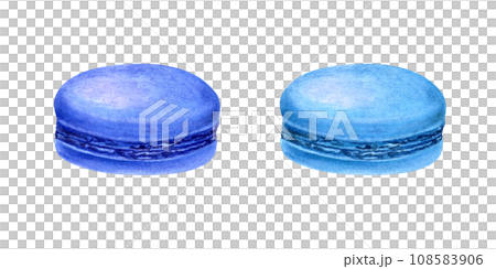 Traditional French macarons. Blue almond cookies, macaroon cake. Sweet berry, fruit dessert. Delicious sweetness with cream. Watercolor illustration for package, menu, recipe, label, gift box 108583906