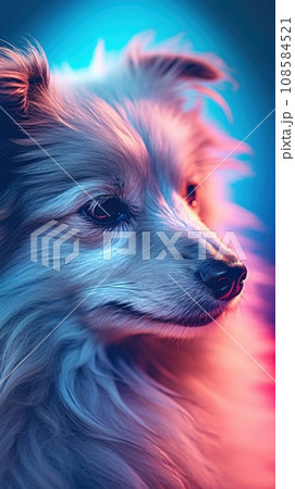 A dog in a colorful background with blue and pink lights, AI 108584521