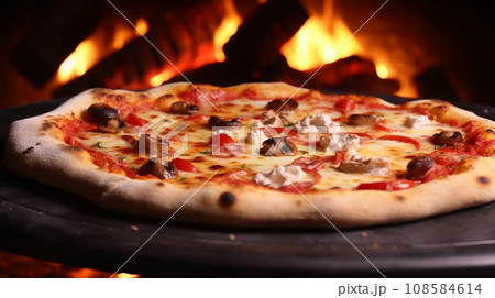 Pepperoni pizza close to charcoal oven on black background. 108584614