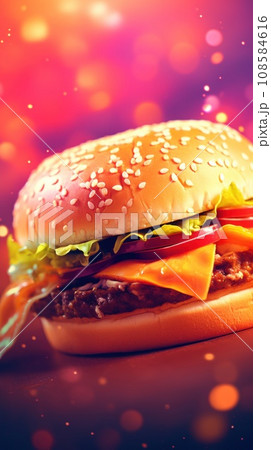 A hamburger with cheese and meat on top, AI 108584616