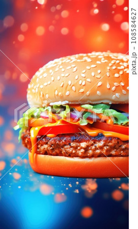A hamburger with cheese and lettuce on a red background, AI 108584627