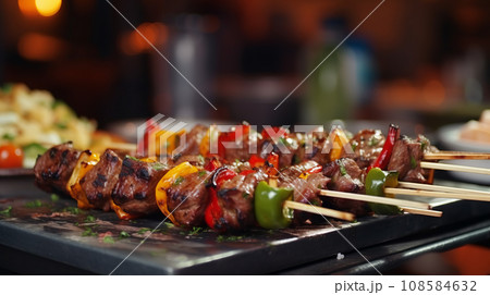 Fast food. Eastern food. Shish kebab, lyulya-kebab, shaverma, pita gyros 108584632