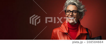 stylish gray-haired woman about 50 wearing glasses and a red leather jacket stylish gray-haired woman about 50 wearing glasses and a red leather jacket 108584664