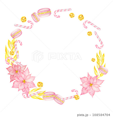 Pink poinsettia, gold branches, bells, New Year's candy canes, macarons. Watercolor hand drawn wreath with Christmas star. Winter symbol for holiday season prints, greeting cards, banner, invitations Pink poinsettia, gold branches, bells, New Year's candy canes, macarons. Watercolor hand drawn wreath with Christmas star. Winter symbol for holiday season prints, greeting cards, banner, invitations 108584704