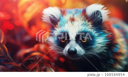 A colorful fictional racoon-like painted animal is looking at the camera, AI 108584954