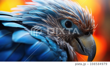 A close up of a blue parrot with bright orange feathers, AI 108584979