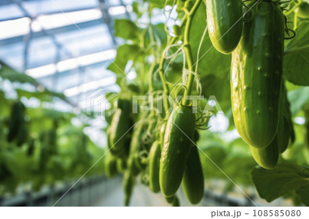 generated by ai. Cucmber plant is growing in vegetable green house on hydroponics, eco friendly business, greenhouse hydroponics. drip irrigation system for plants 108585080
