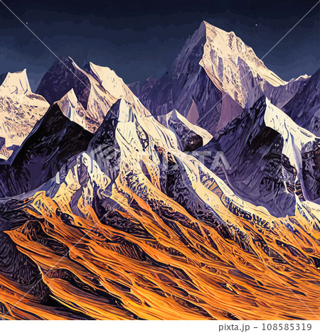 Mountain landscape. Mountain landscape. illustration. Abstract background. Fantasy theme morning landscape, sunrise mountains. landscape with blue mountains silhouettes with fog cold sunlight 108585319