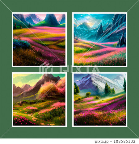 Spring landscape in village with green field and sunset set of four posters, flat cartoon countryside with mountain and forest, blue sky, natural countryside scene, sunny day summer 108585332