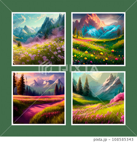 Spring landscape in village with green field and sunset set of four posters, flat cartoon countryside with mountain and forest, blue sky, natural countryside scene, sunny day summer Spring landscape in village with green field and sunset set of four posters, flat cartoon countryside with mountain and forest, blue sky, natural countryside scene, sunny day summer 108585343