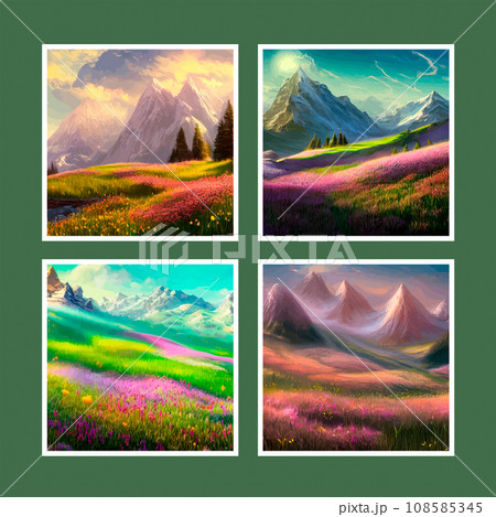 Spring landscape in village with green field and sunset set of four posters, flat cartoon countryside with mountain and forest, blue sky, natural countryside scene, sunny day summer 108585345